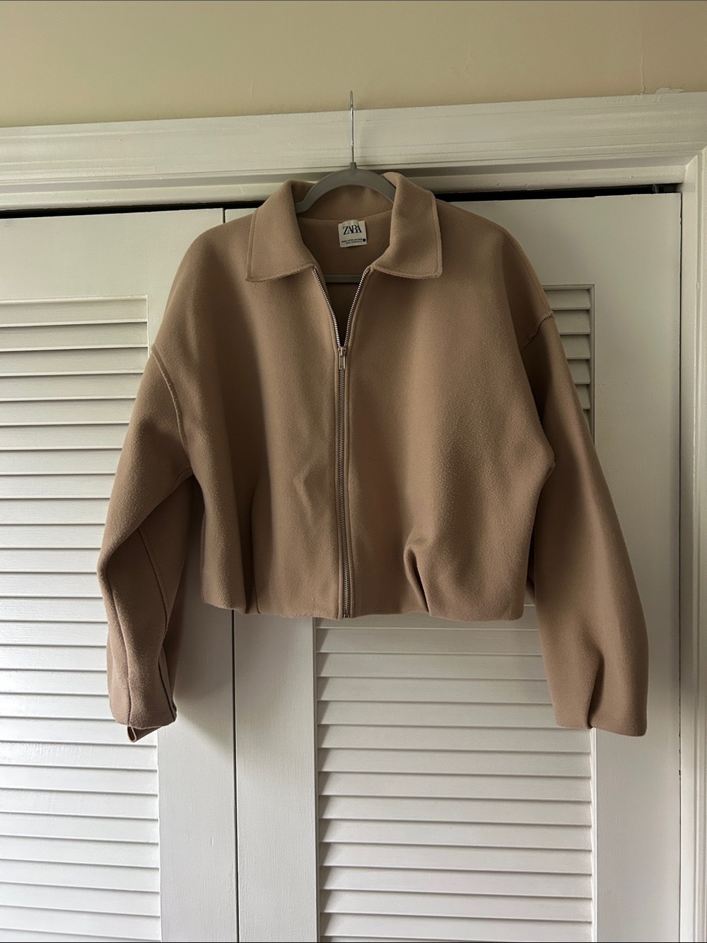 Zara Cropped Teddy Zip Jacket in Camel Tan